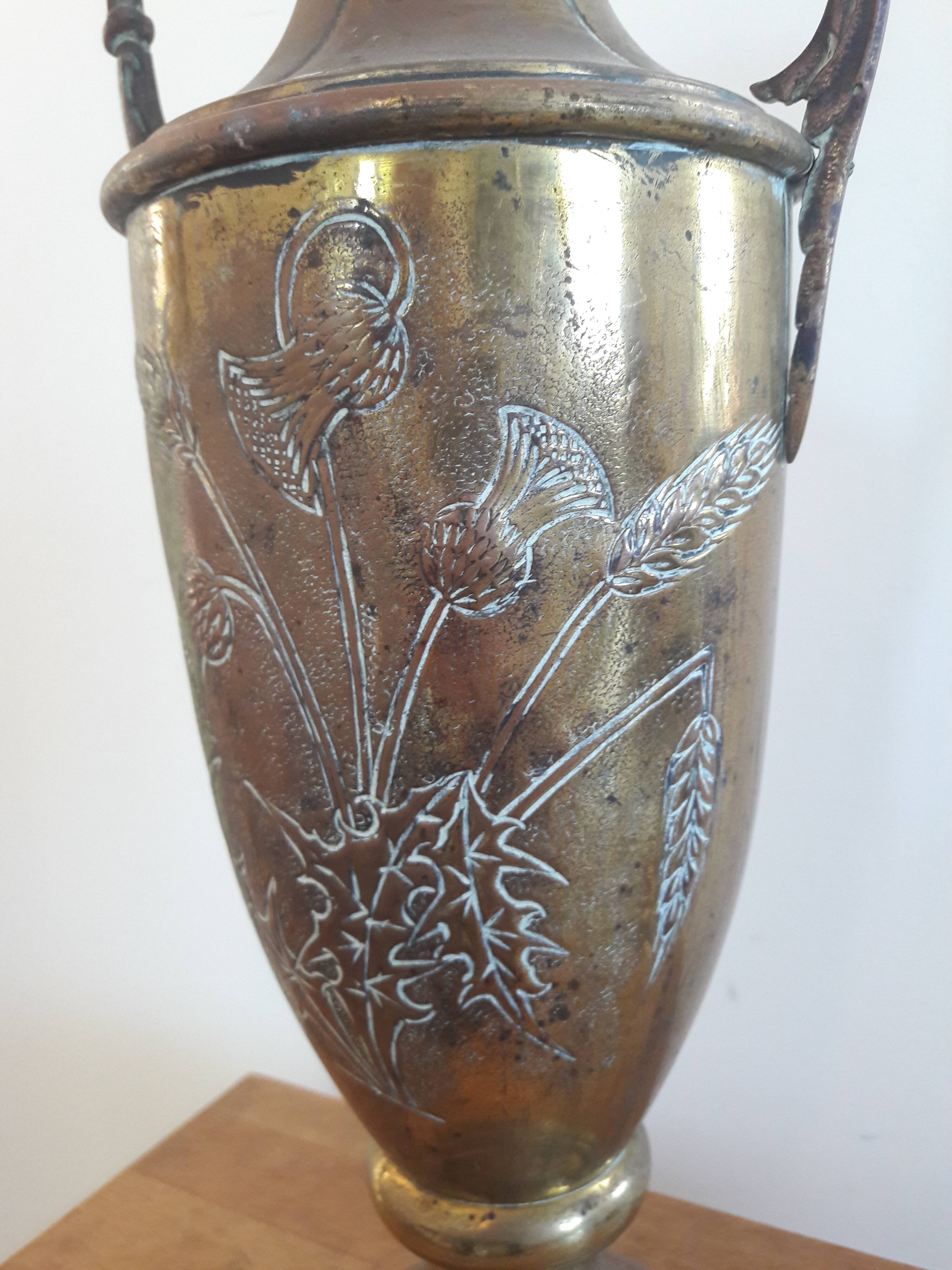 Brass amphora vase - copper art deco style on pedestal with floral pattern handles