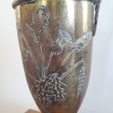 Brass amphora vase - copper art deco style on pedestal with floral pattern handles