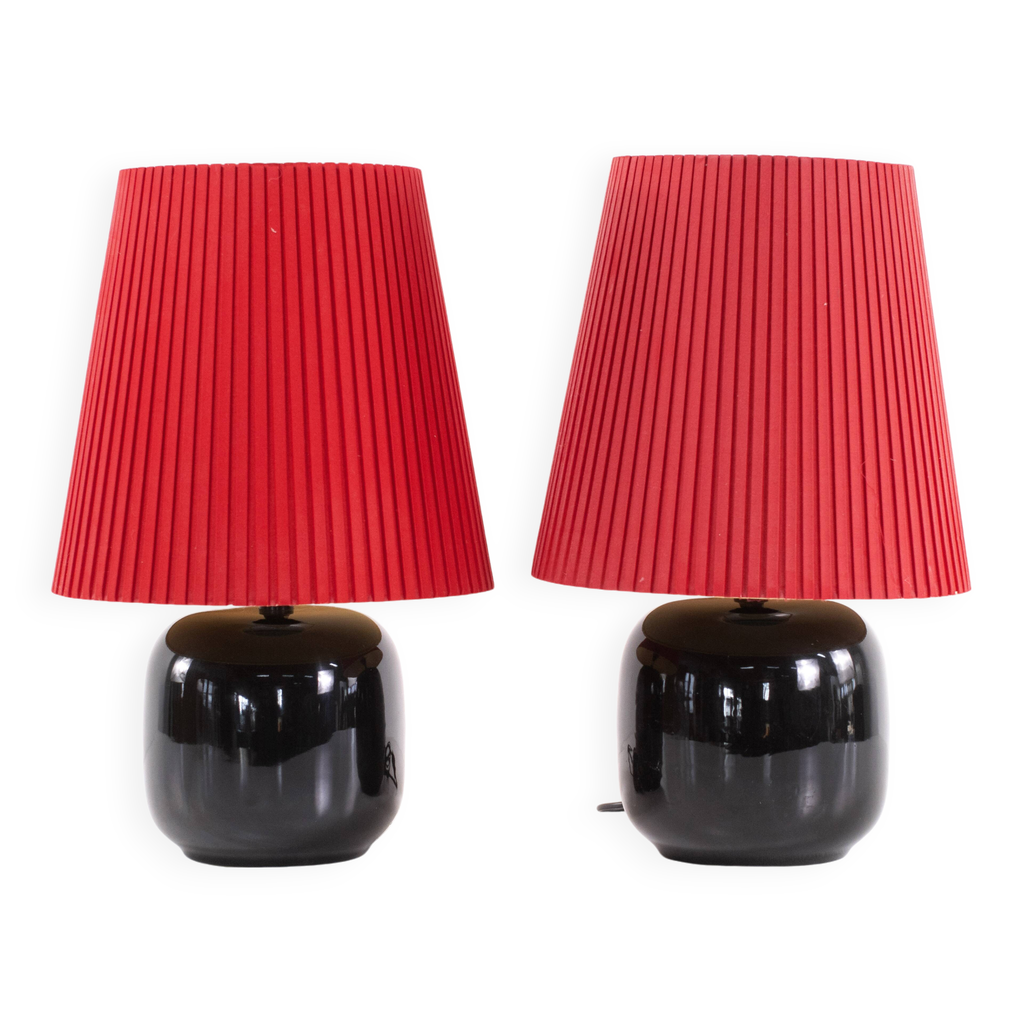 Pair of black faillance table lamps with red lampshade 1960s Sweden