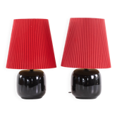 Pair of black faillance table lamps with red lampshade 1960s Sweden