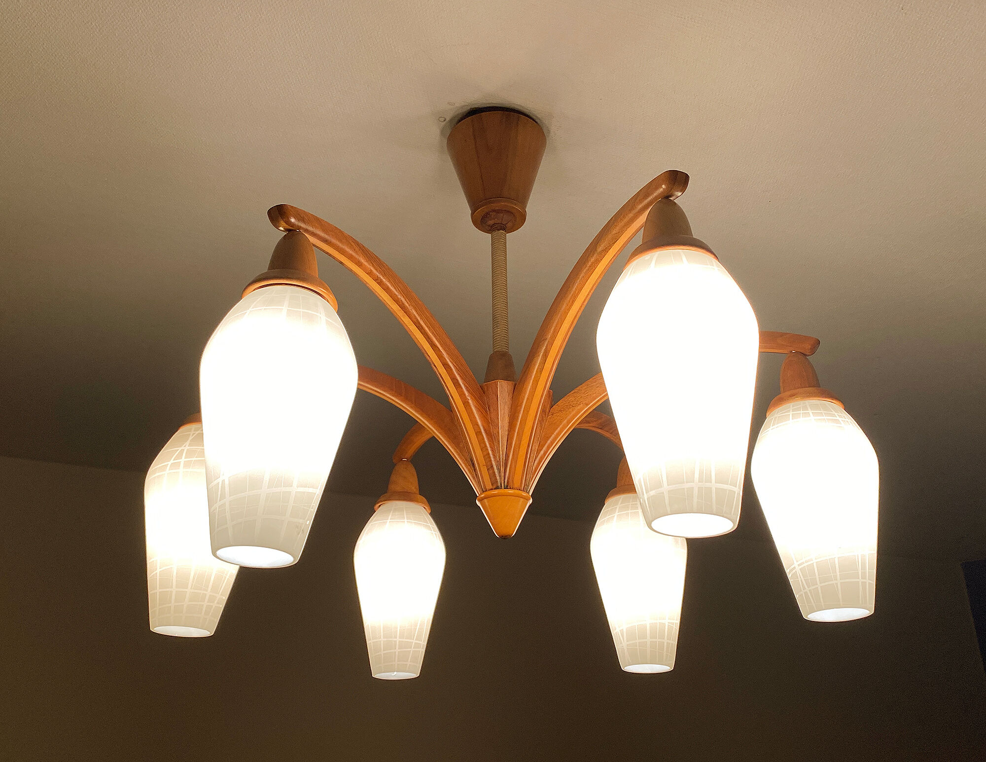 Vintage Pendant Lamp Scandinavian Temde, Wood and Opal Glass, 60s