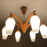 Vintage Pendant Lamp Scandinavian Temde, Wood and Opal Glass, 60s