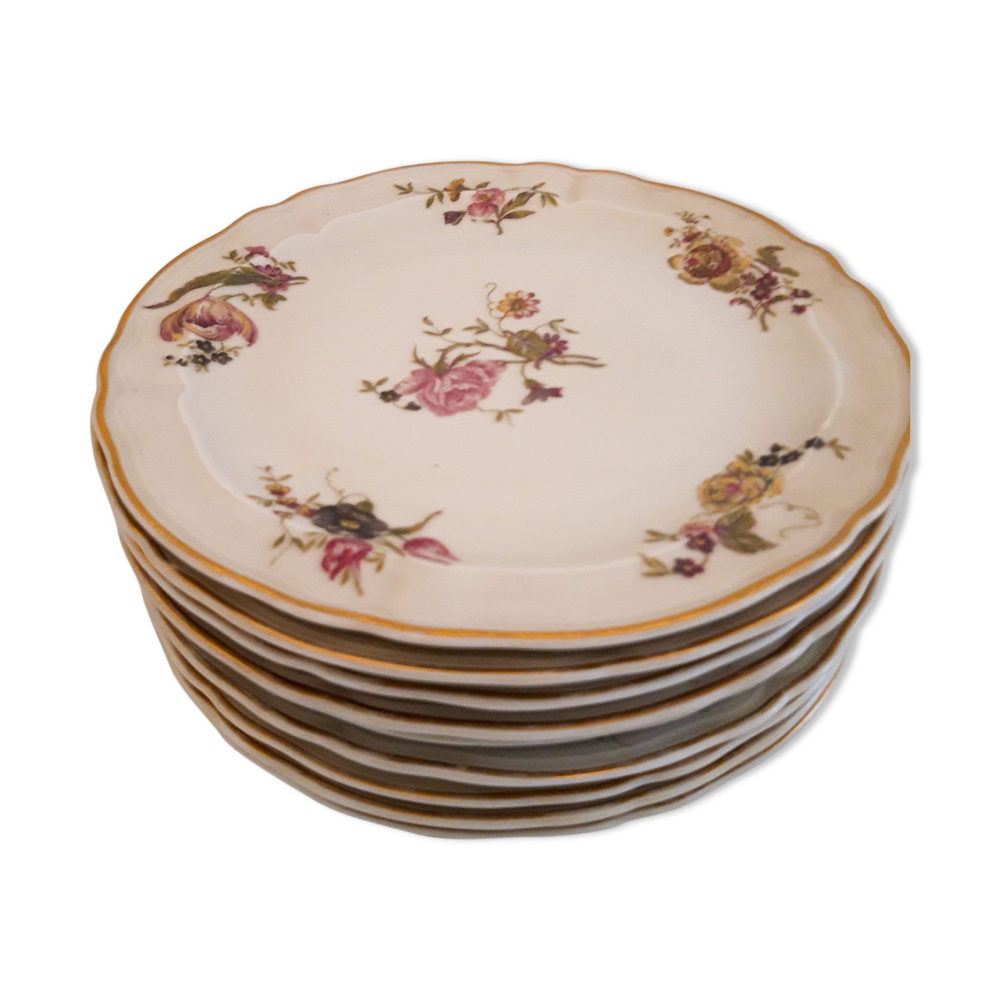 Set of porcelain dessert plates with flower patterns