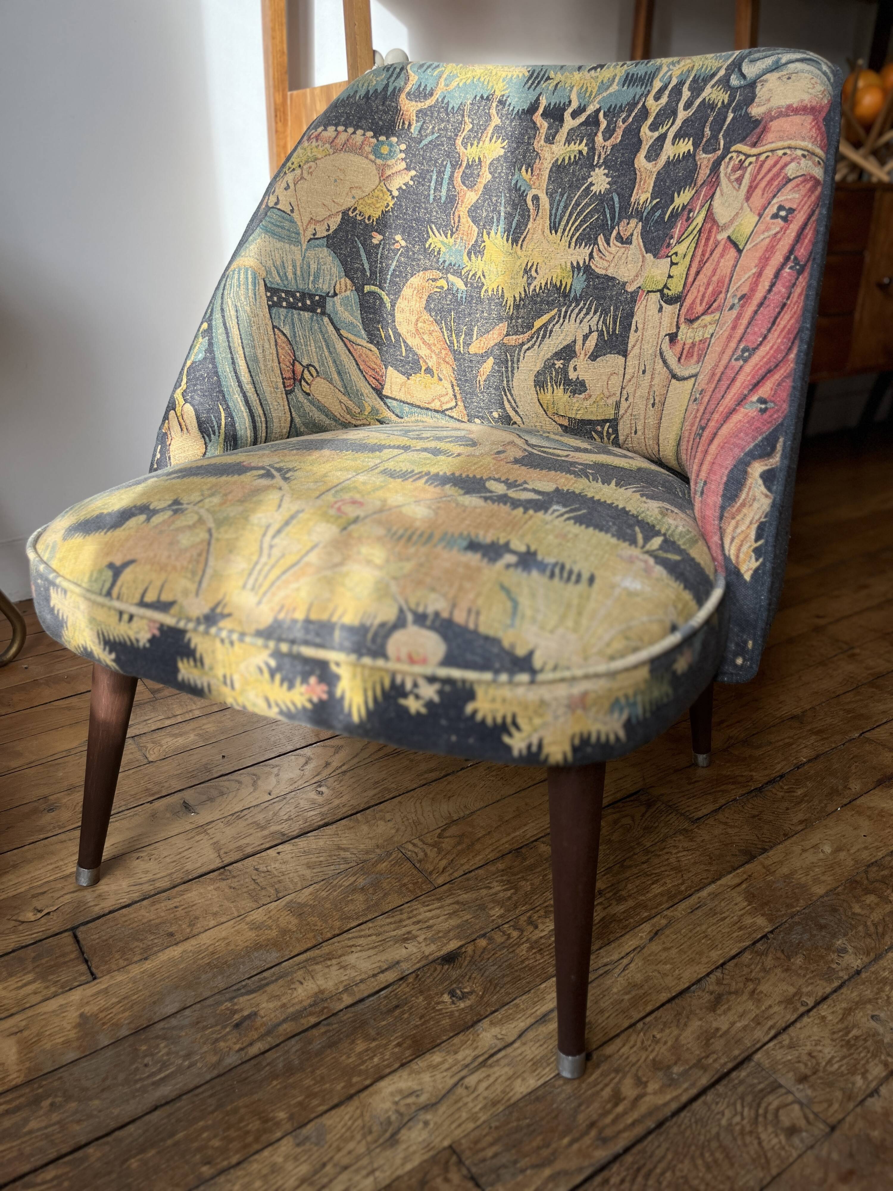 J. Tenreiro, Brazil. Concha armchair with tapered legs, Cluny tapestry 1400.