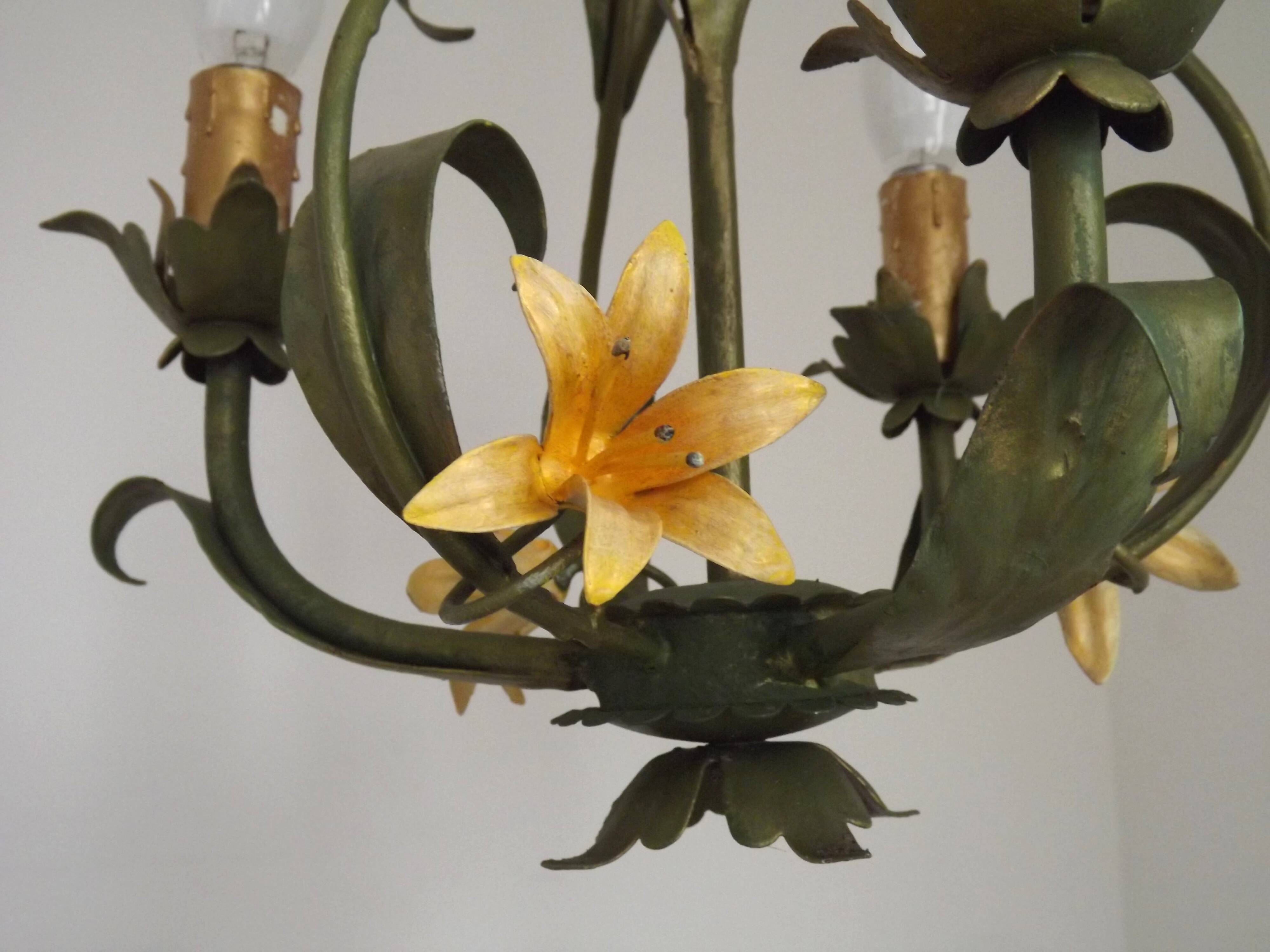 French Vintage 3 Light Cage Chandelier Hand Painted Floral Design