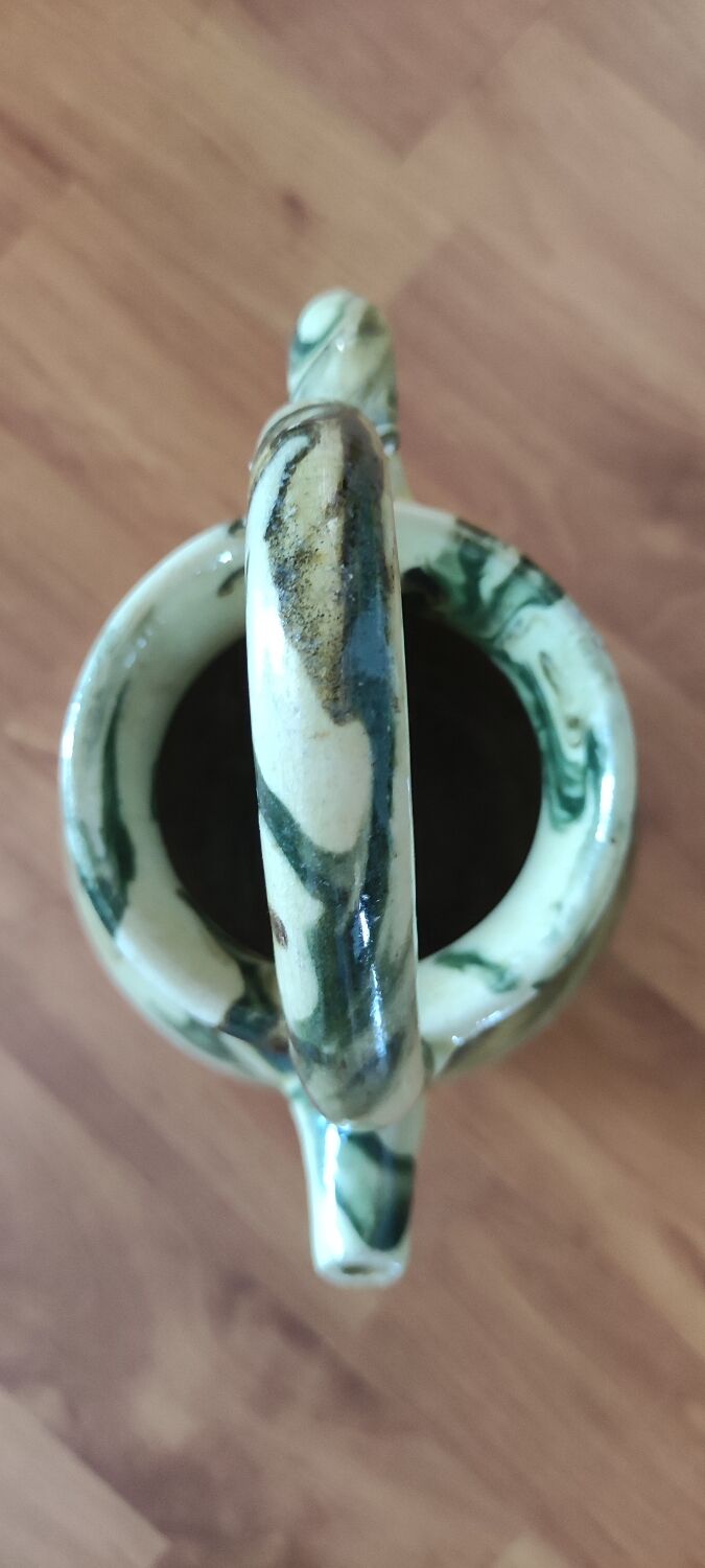 Cruche pichet en céramique émaillée jaune et verte