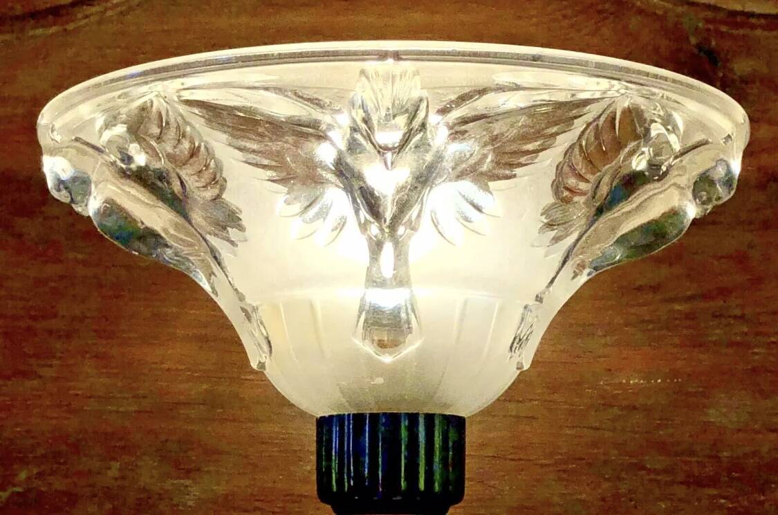 Art Deco lamp with glass tube base Petitot bird basin signed Jean Boris Lacroix