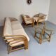 Complete living room with rattan sofa and white bouclette, brass finish, 80's design