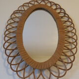 Vintage rattan mirror 60s 70s oval in rosette