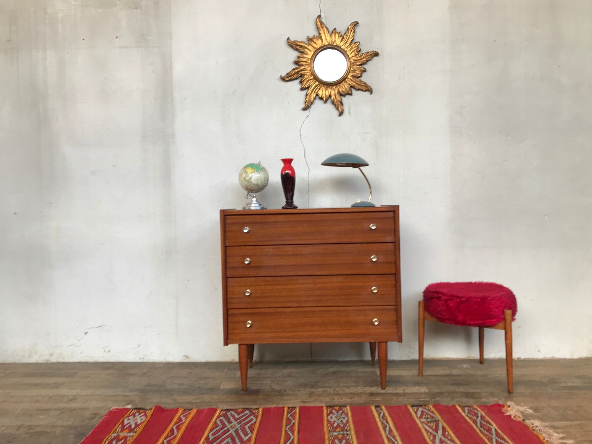 Scandinavian vintage chest of drawers with 4 exotic teak-style wooden drawers 1950 1960