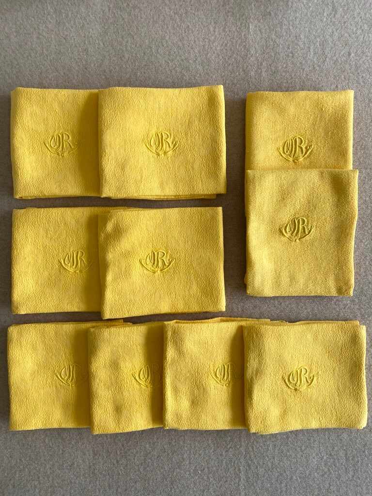 Set of 10 antique towels "sunflower" monogrammed "MR" - cotton - 57x50 cm