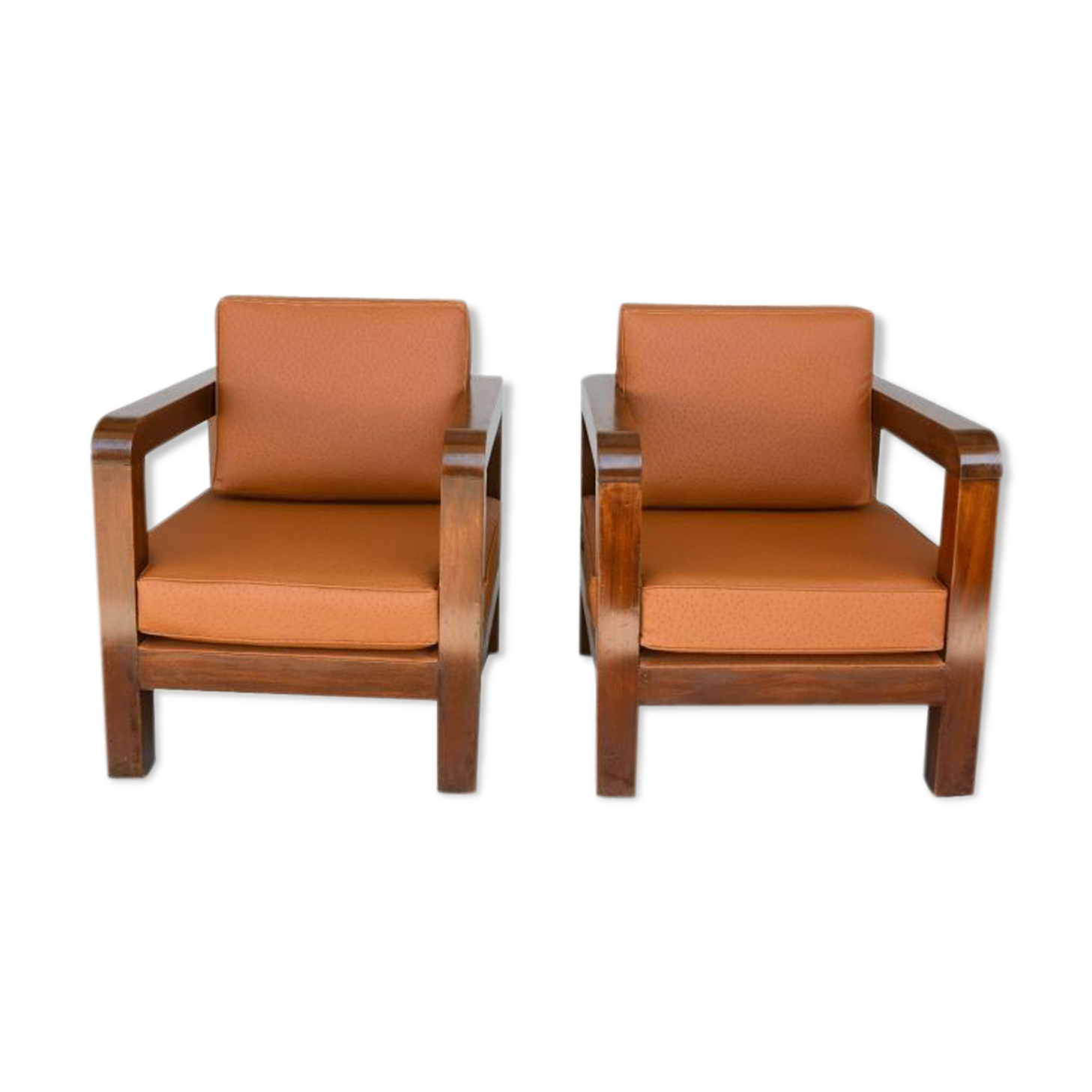 Pair of armchair era 1940 imitation aluminum leather of ostrich havana