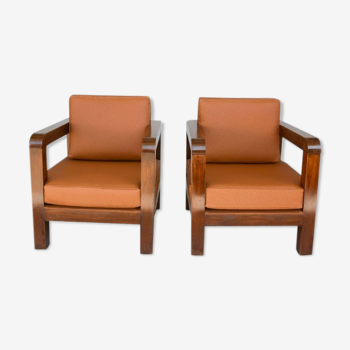 Pair of armchair era 1940 imitation aluminum leather of ostrich havana