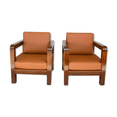 Paire de fauteuil époque 1940 simili cuir d'autruche havane