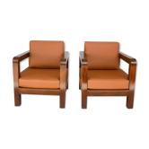 Paire de fauteuil époque 1940 simili cuir d'autruche havane