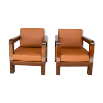 Pair of armchair era 1940 imitation aluminum leather of ostrich havana