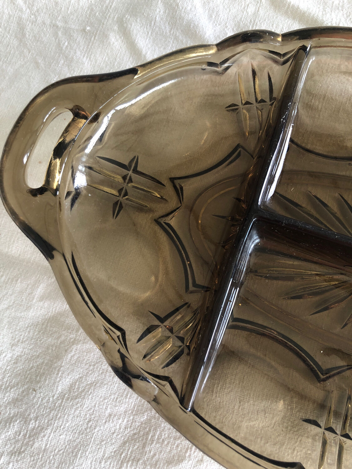 Vintage appetizer dish in brown smoked glass