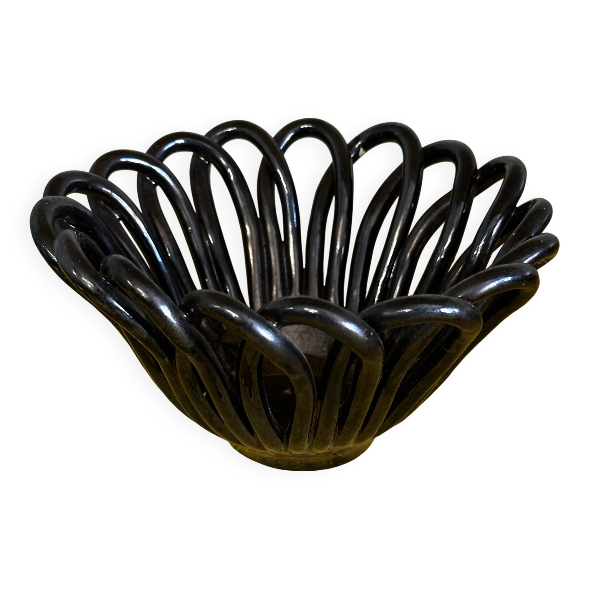 Small Basket - Iridescent Black Braided Ceramic Empty Pocket - 70's German