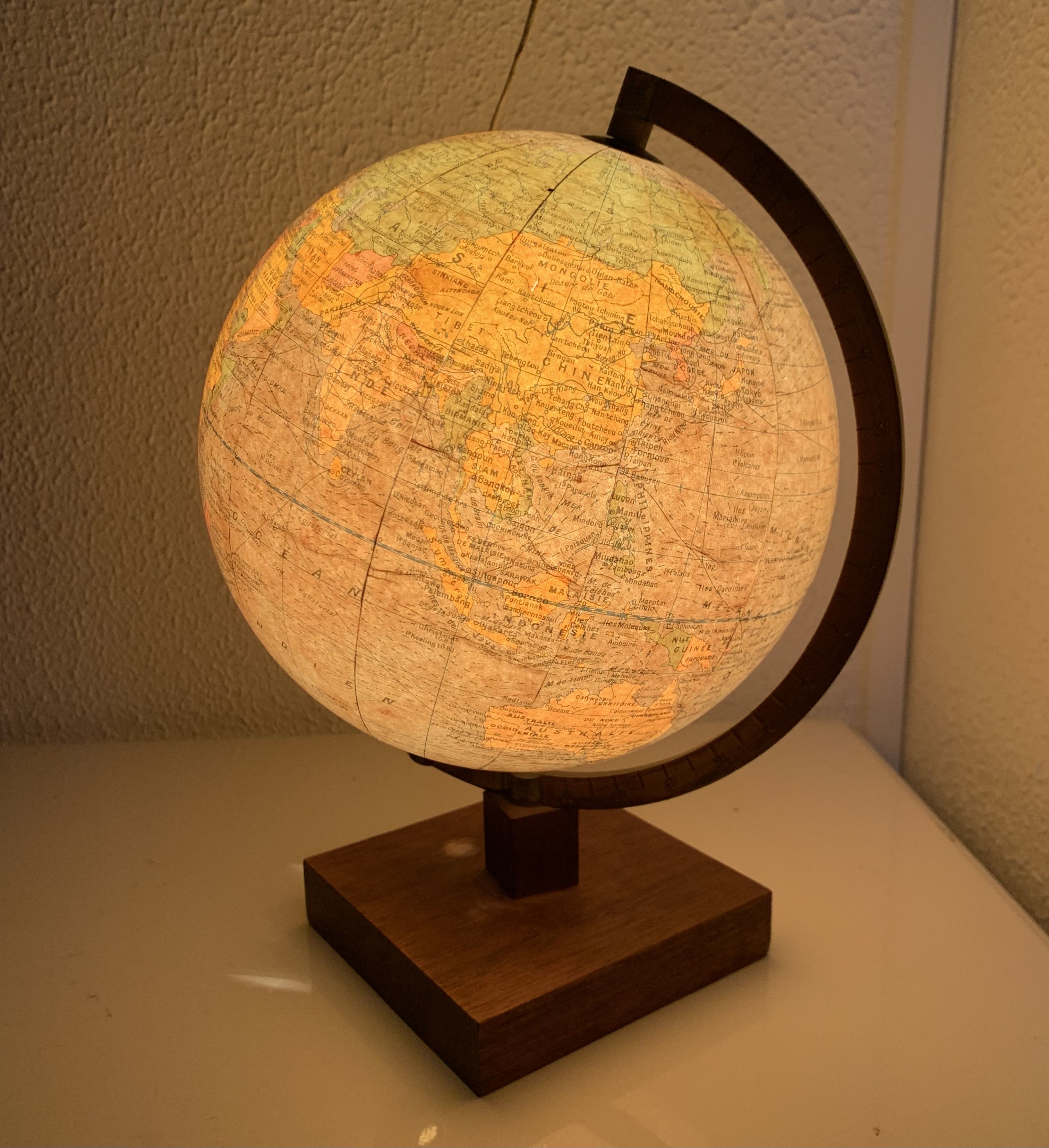 Vintage globe 1960 terrestrial Girard Barrère glass wood - 29 cm
