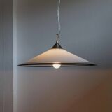 Grand plafonnier vintage en verre de Murano blanc avec bord noir et support en acier inoxydable – lampe suspendue italienne des années 1970