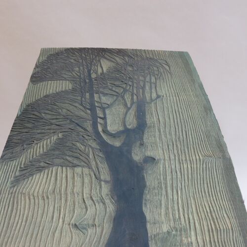 Gravure sur bois originale des années 1950 Bloc d’impression en bois sculpté par Pauline Jacobsen Tree
