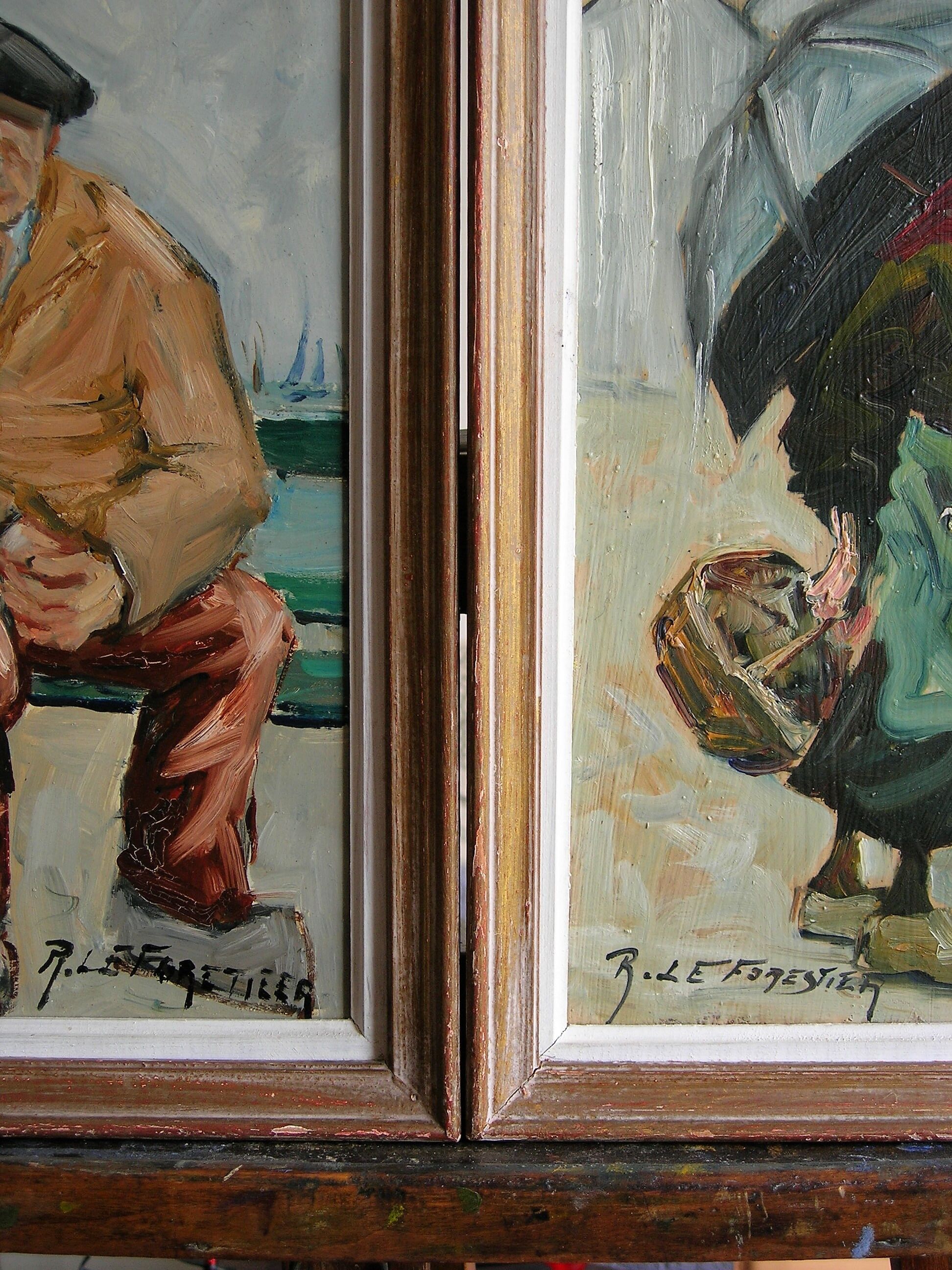 Old paintings Seated Man and Woman with the Umbrella by René. THE FORESTER (1903-1972)