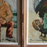 Old paintings Seated Man and Woman with the Umbrella by René. THE FORESTER (1903-1972)