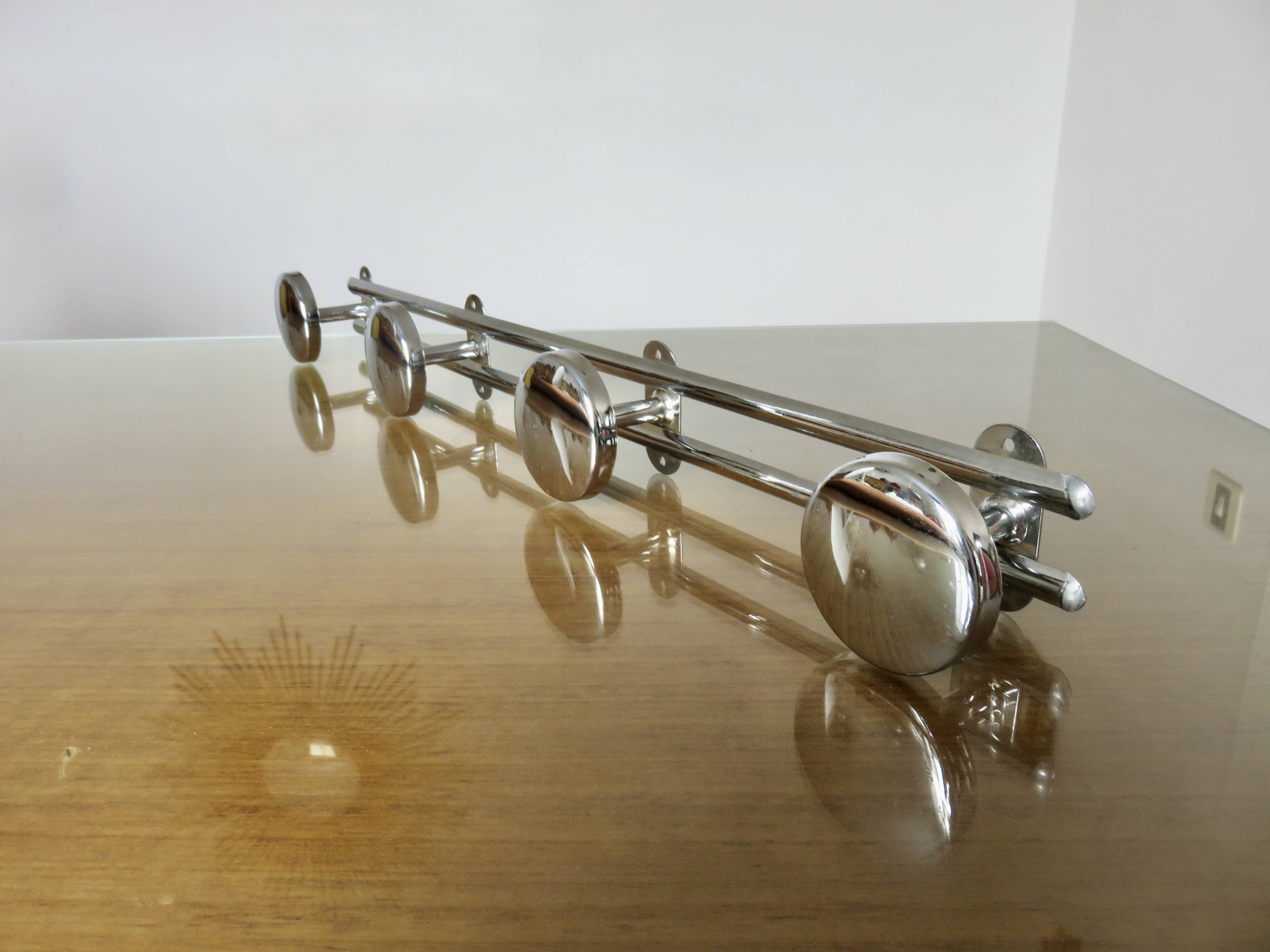 Wall coat rack with 4 hooks in chrome metal 1970