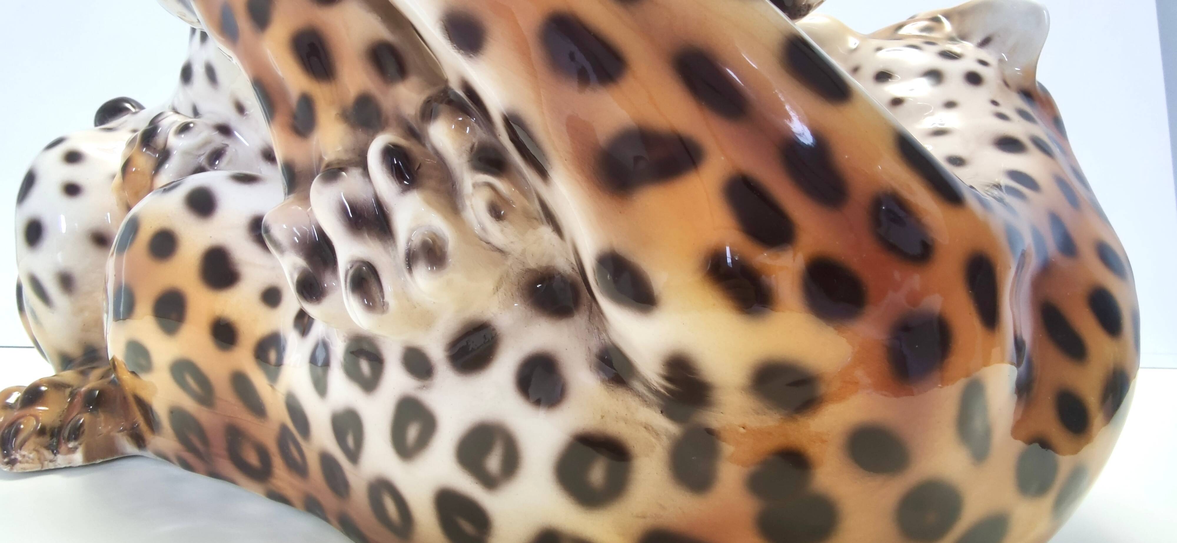 Hand Painted Ceramic Pair of Fighting Jaguars by Giovanni Ronzan, Italy