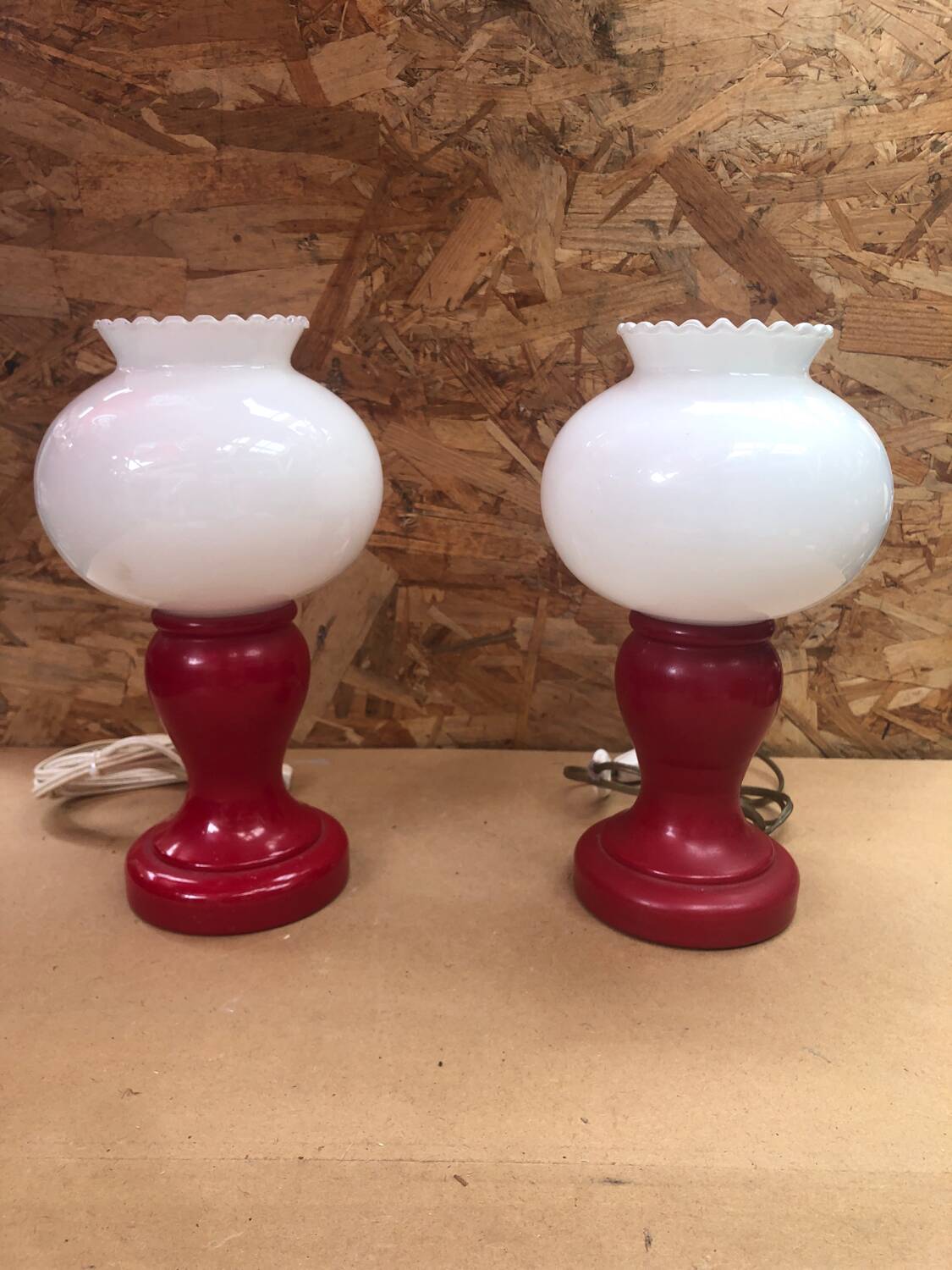 Pair of Old Red & White Opaline Bedside Lamps 1970s Vintage #A982