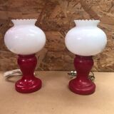 Paire Ancienne Lampe De Chevet Opaline Rouge & Blanc Années 70 Vintage #A982