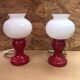 Pair of Vintage 1970s Red & White Opaline Bedside Lamps #A982