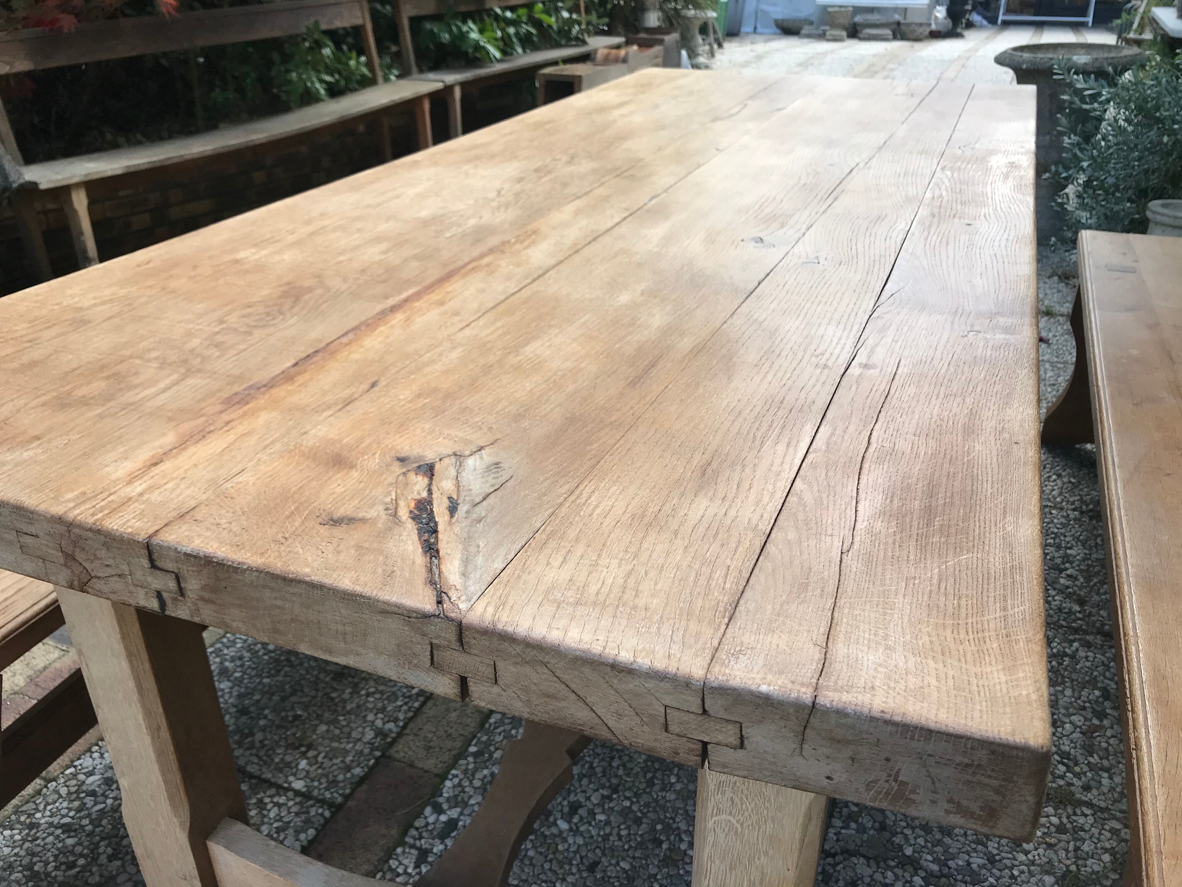 Farm table and two solid oak benches