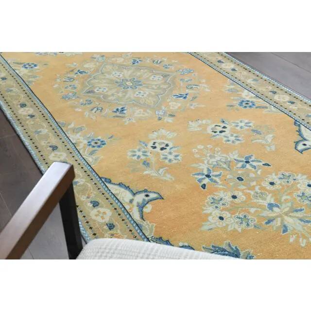 1970s Vintage Turkish Oushak Handmade Wool Cotton Orange Runner Rug 117x312