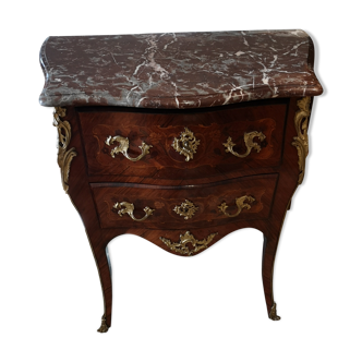 Commode sauteuse 2 tiroirs en marqueterie et bronze