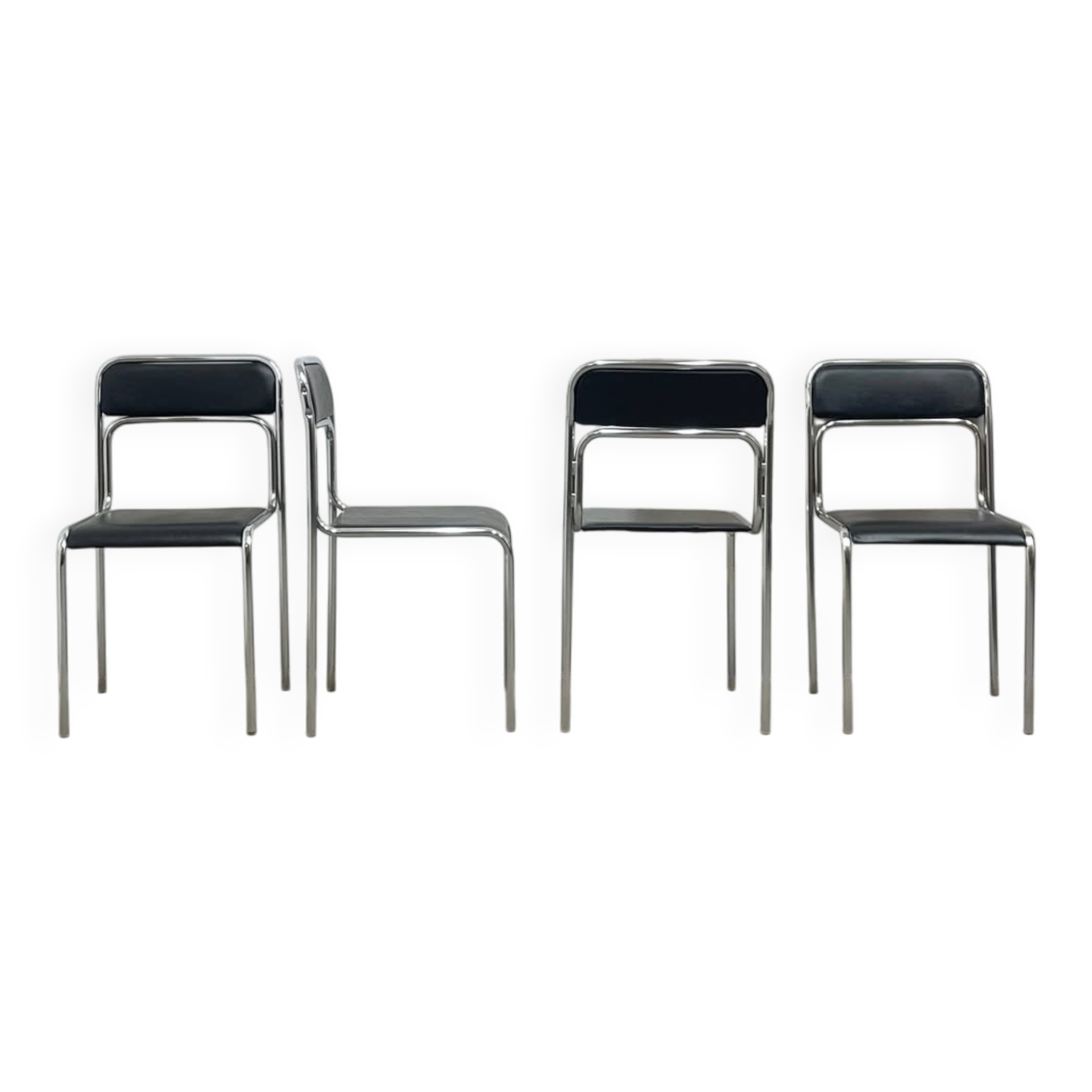 4 Chaises en métal chromé et skaï noir, 1990