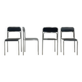 4 chrome metal chairs with black faux leather, 1990