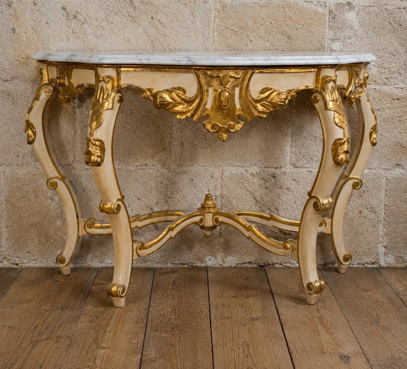 Louis XV style console – Cream and gold lacquered wood – Marble top
