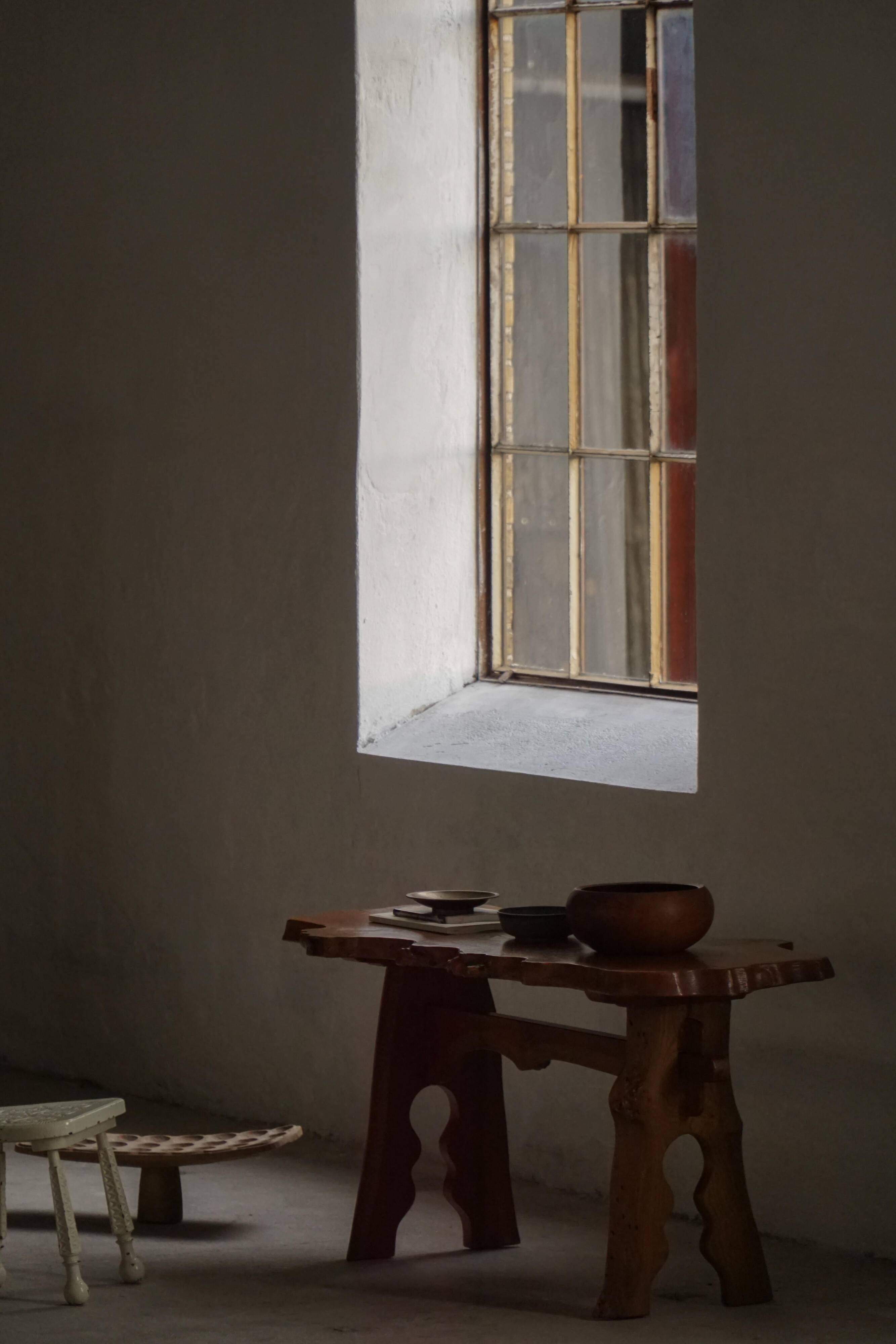 Mid-century Scandinavian coffee table made of solid elm wood, wabi-sabi style, 1960s.