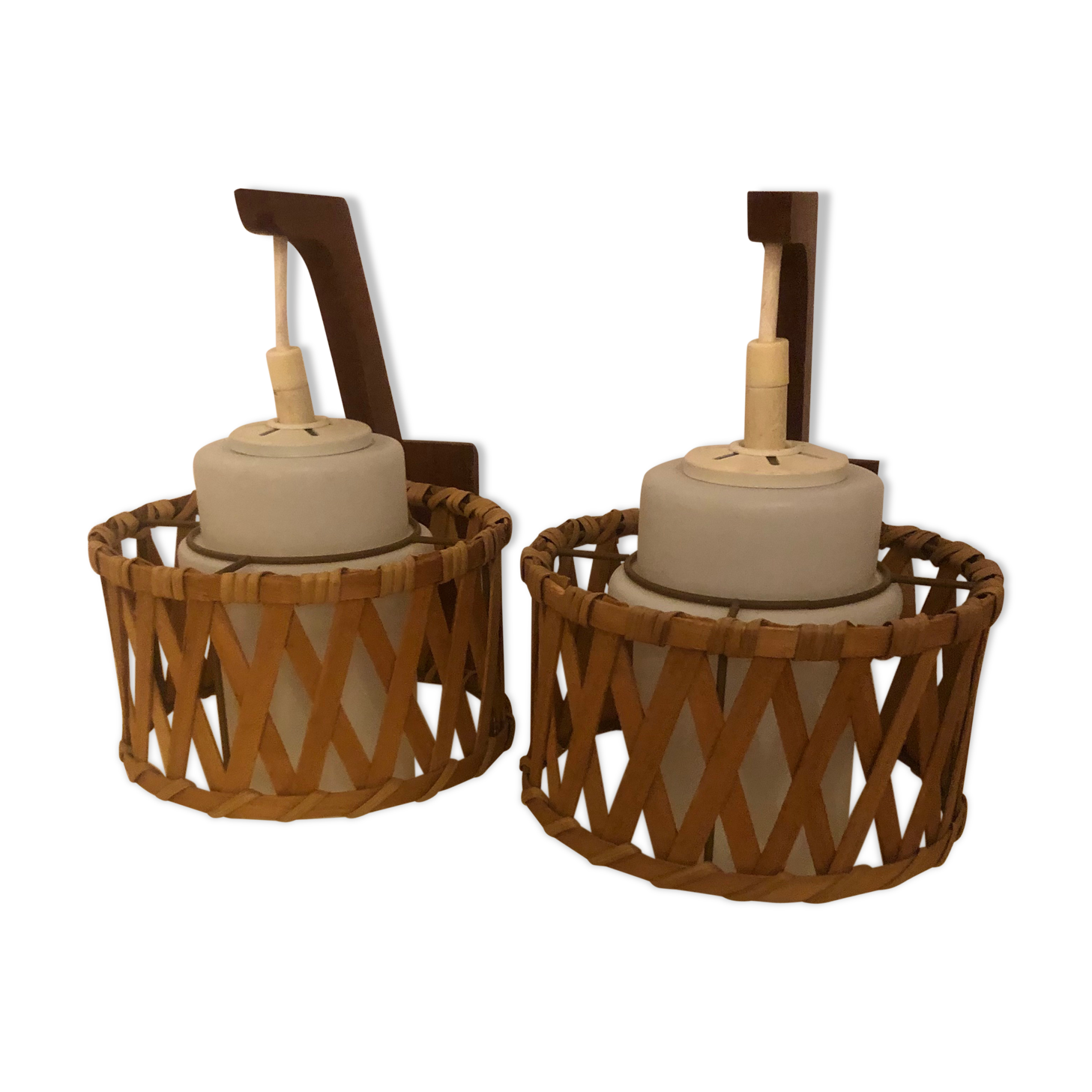 Pair came in wicker rattan and opalescent glass.