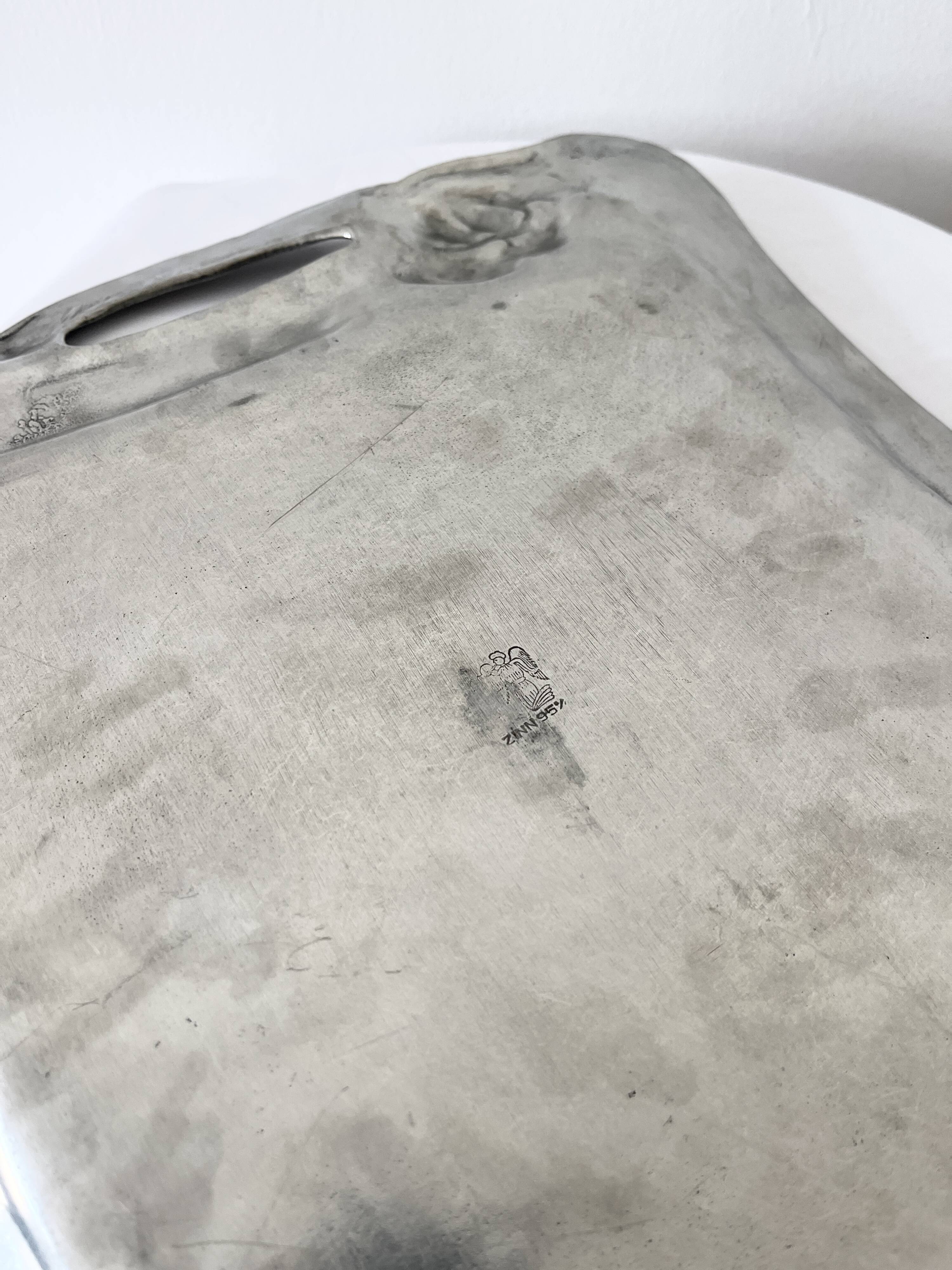 Antique Art Nouveau Pewter Tray, Tulip Design Serving Tray,  France, 1980s