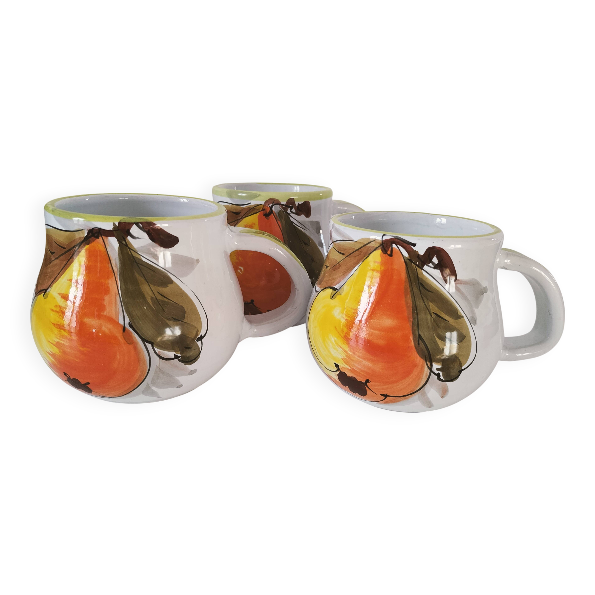 Trio of vintage Italian earthenware mugs, hand-painted – pear motif