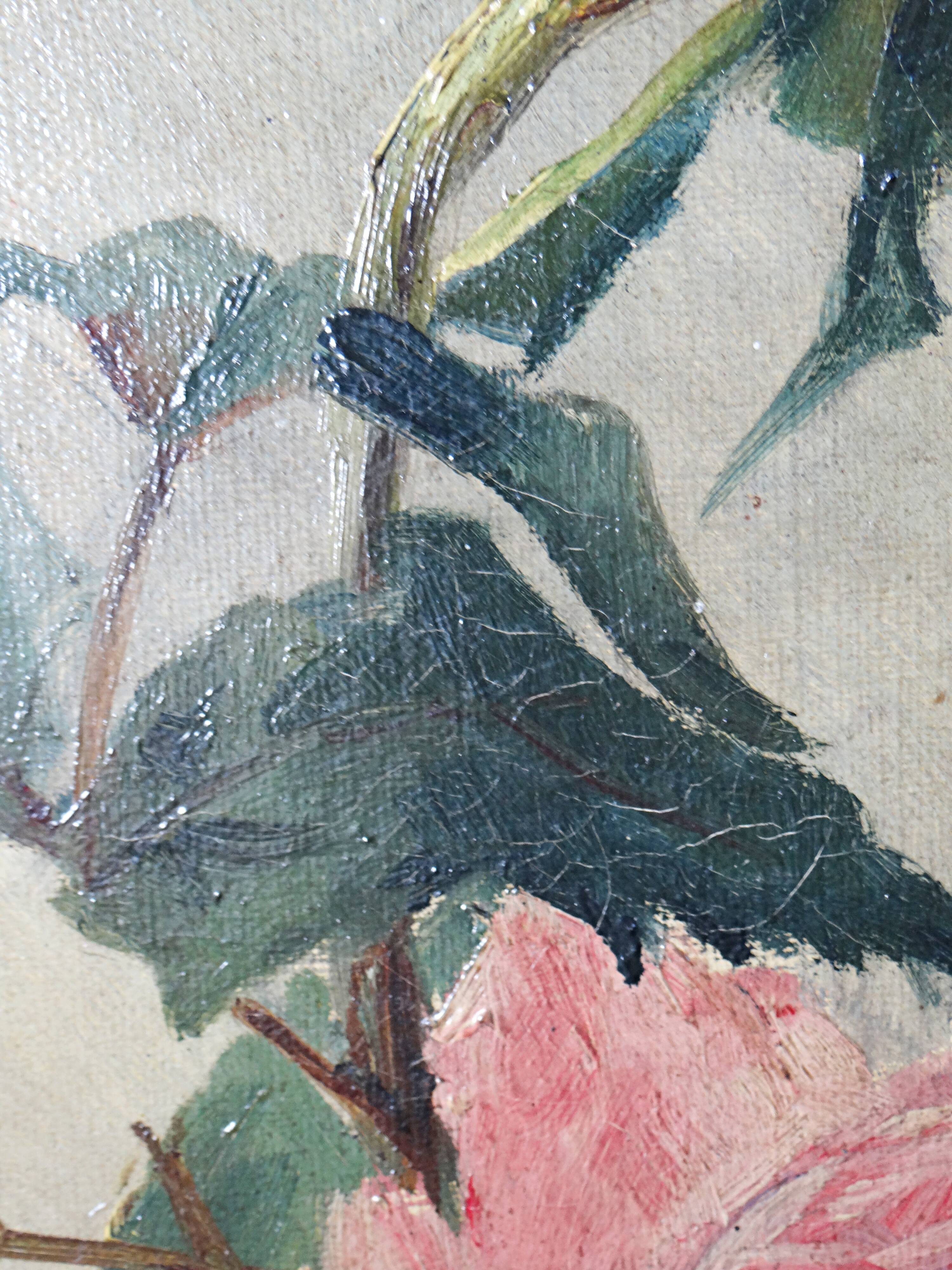 Large antique painting of peonies, signed E. Jacque, late 19th to early 20th century.