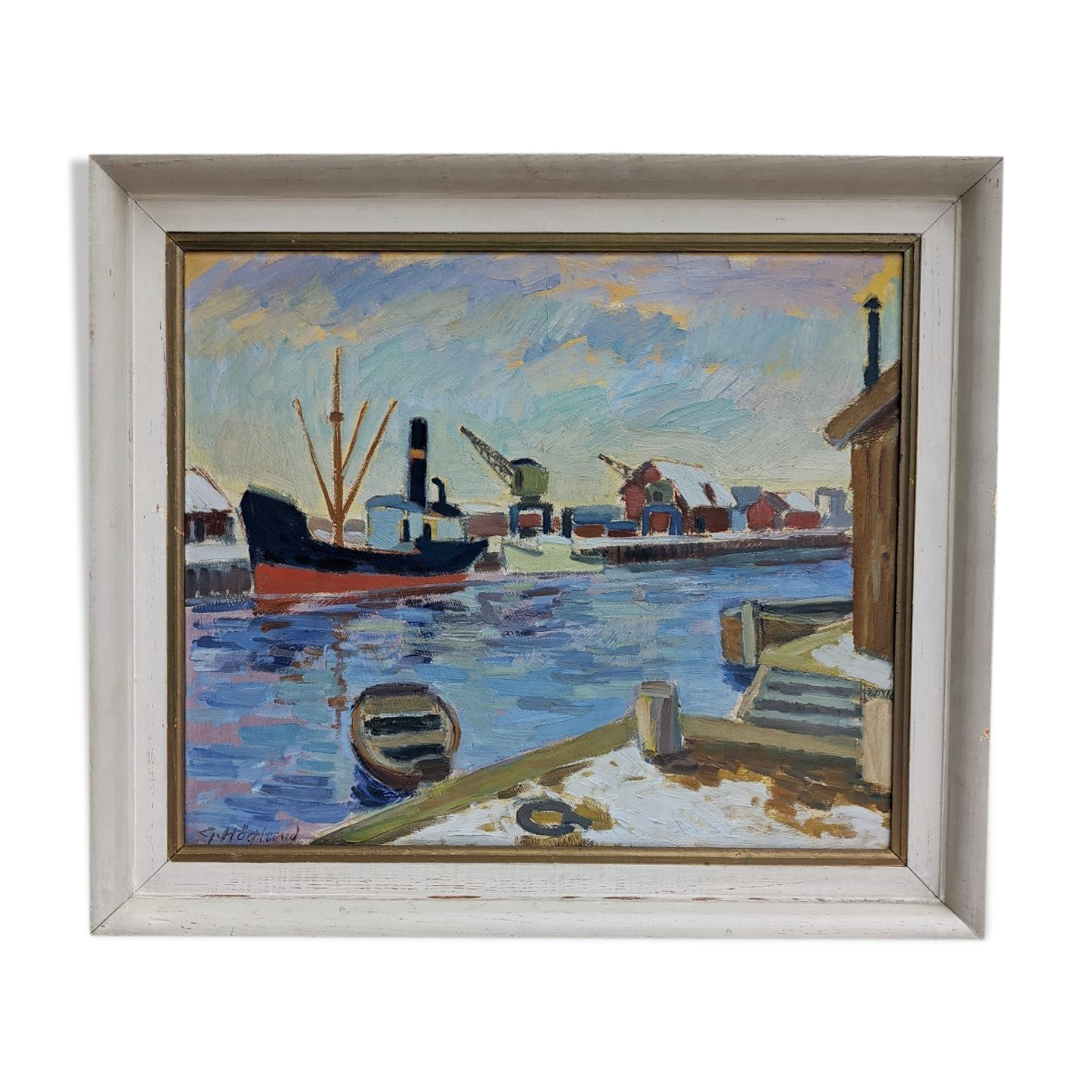 Mid Century Swedish Harbour Boat Oil Painting - 'Sunset Harbour'