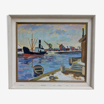 Mid Century Swedish Harbour Boat Oil Painting - 'Sunset Harbour'