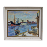 Mid Century Swedish Harbour Boat Oil Painting - 'Sunset Harbour'