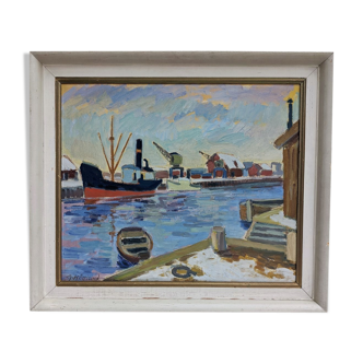 Peinture à l’huile de bateau de port suédois du milieu du siècle - 'Sunset Harbour'