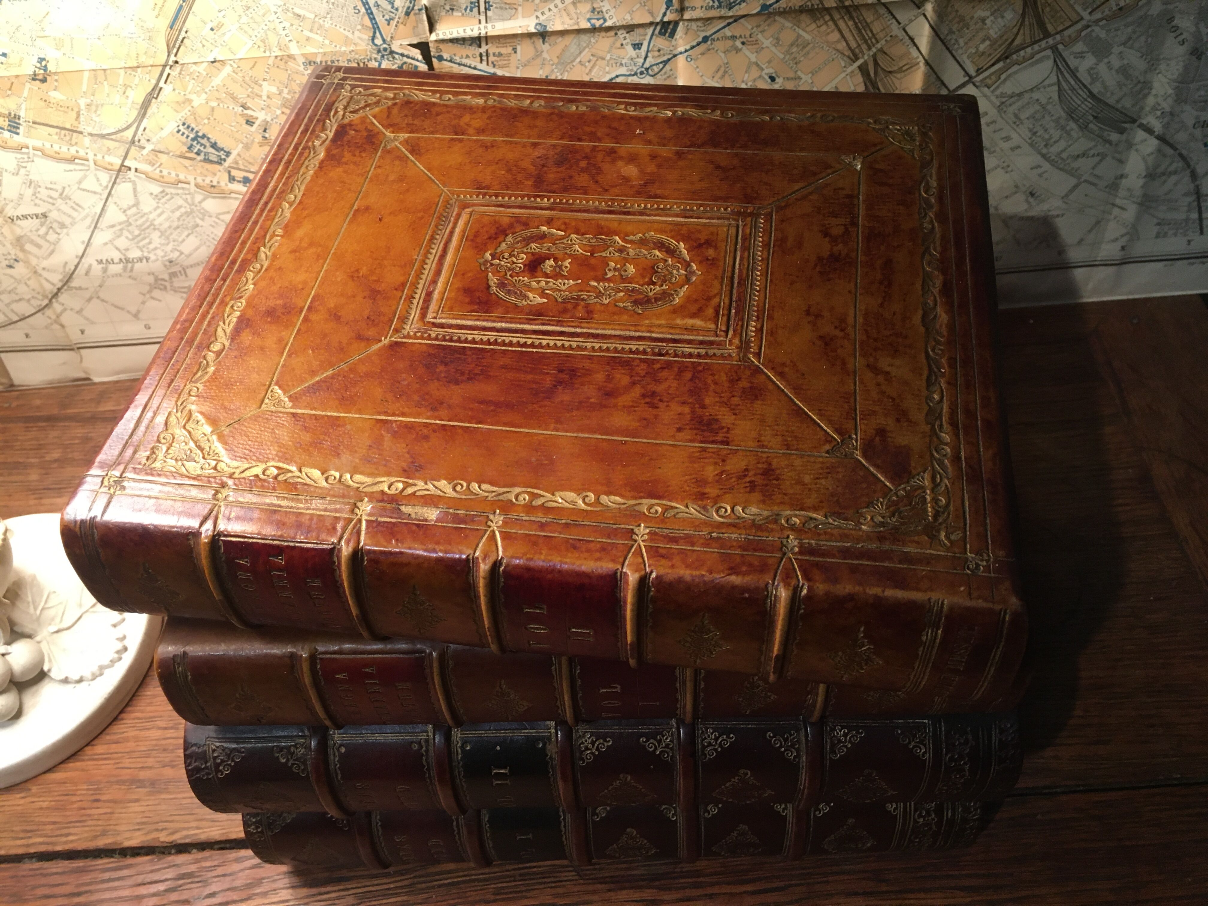 Stacked book ice bucket made of wood and leather