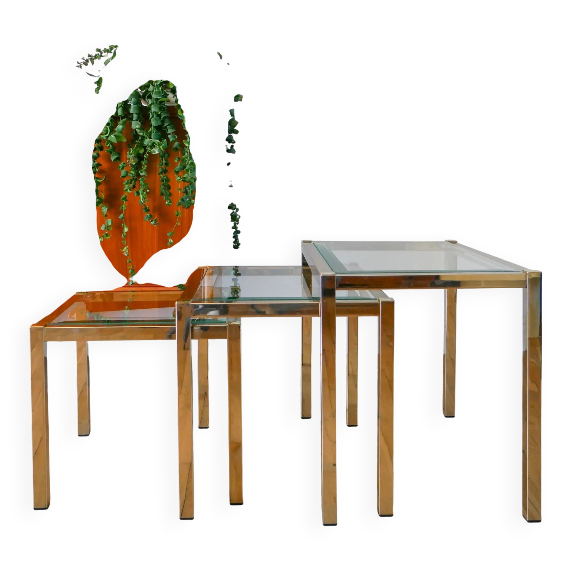 Set of three nesting coffee tables, gilt brass with beveled glass tops, 1980