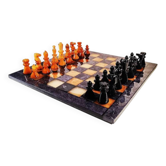 1970s Big Chess Set in Hand Carved Alabaster of Volterra - Black and Brown